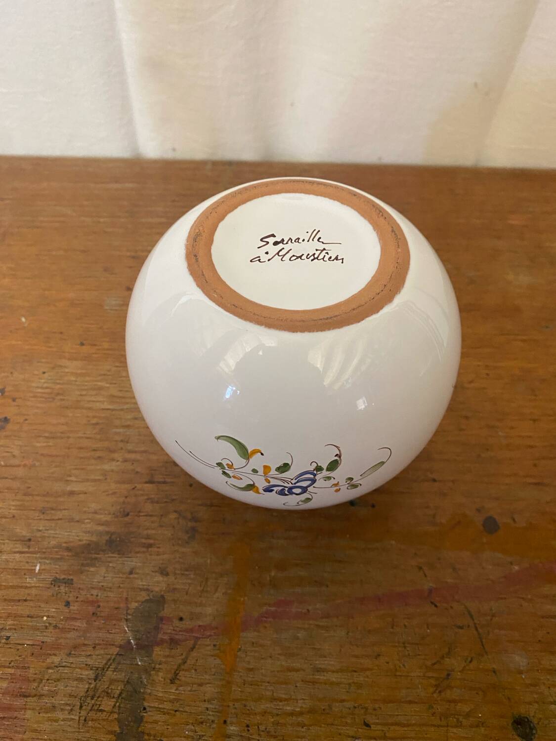 Antique flower vase moustiers white ceramic painted vintage