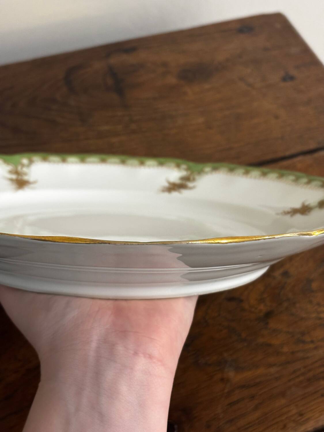 Vintage round green Limoges porcelain serving platter with gold trim