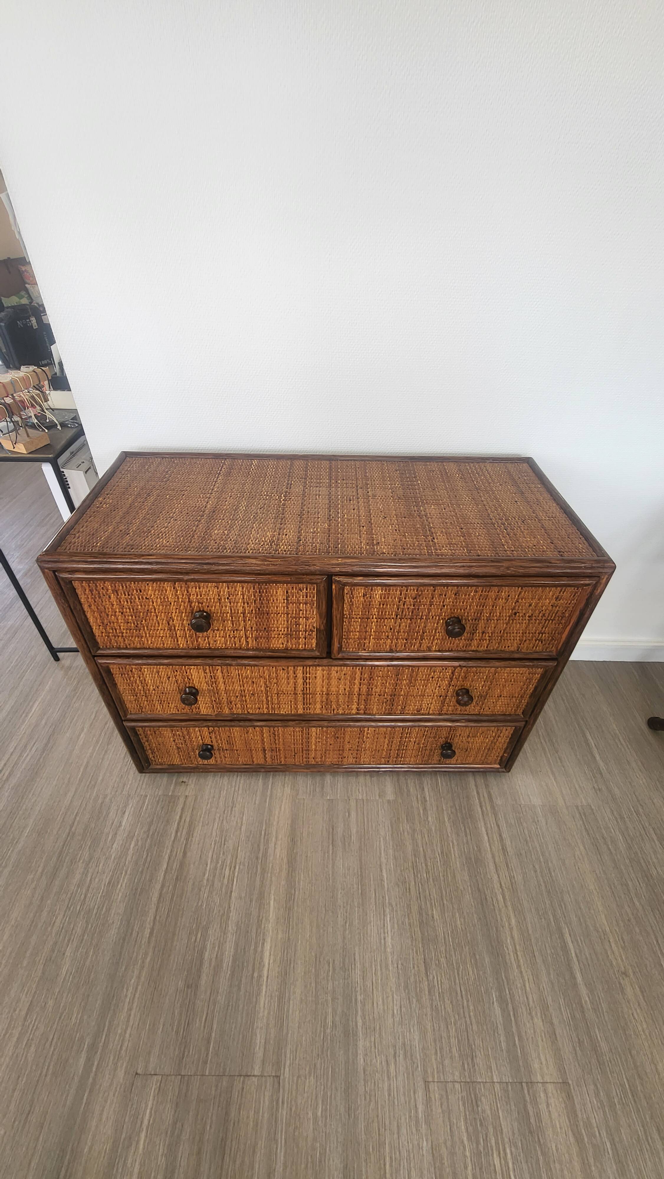 Rattan and solid wood chest of drawers