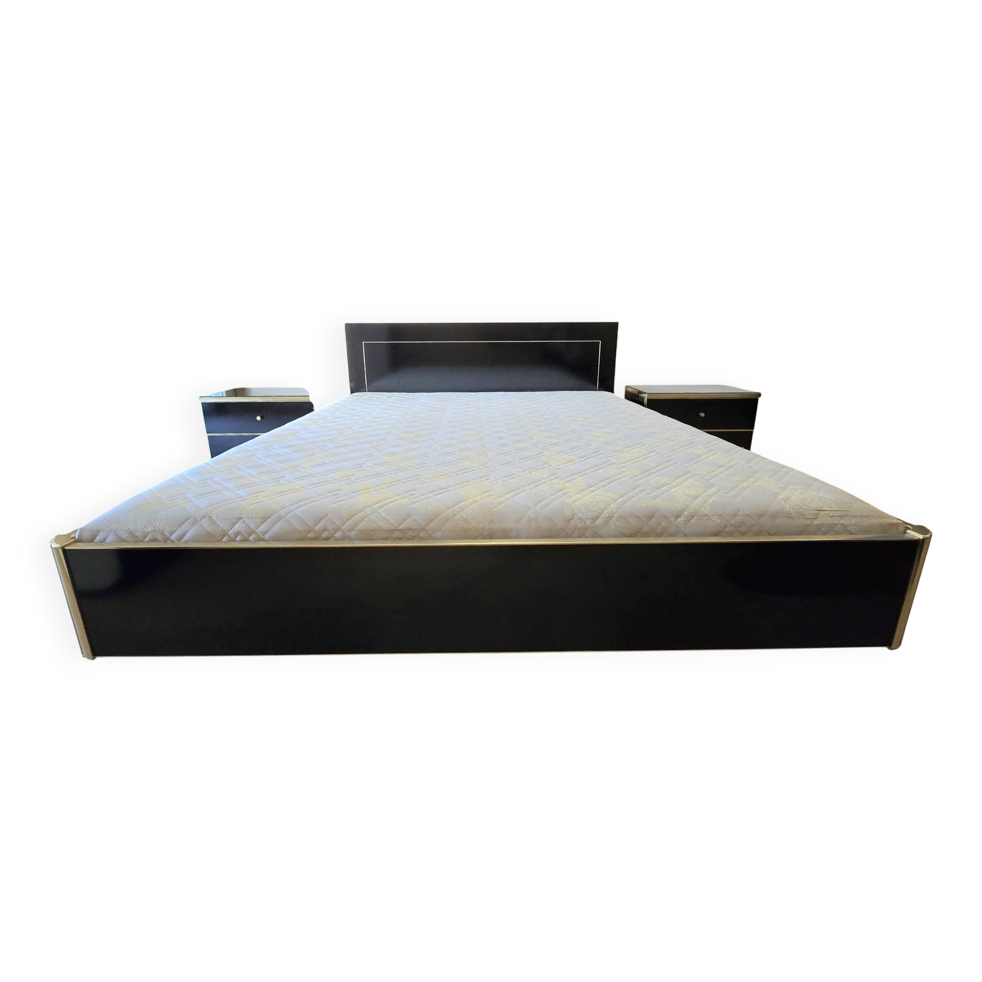 Black lacquered double bed with brass, Maison Roméo Paris, 1970s