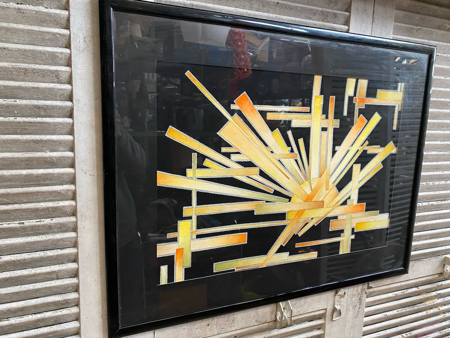 Old painting monique laville volcanic eruption + black wood frame