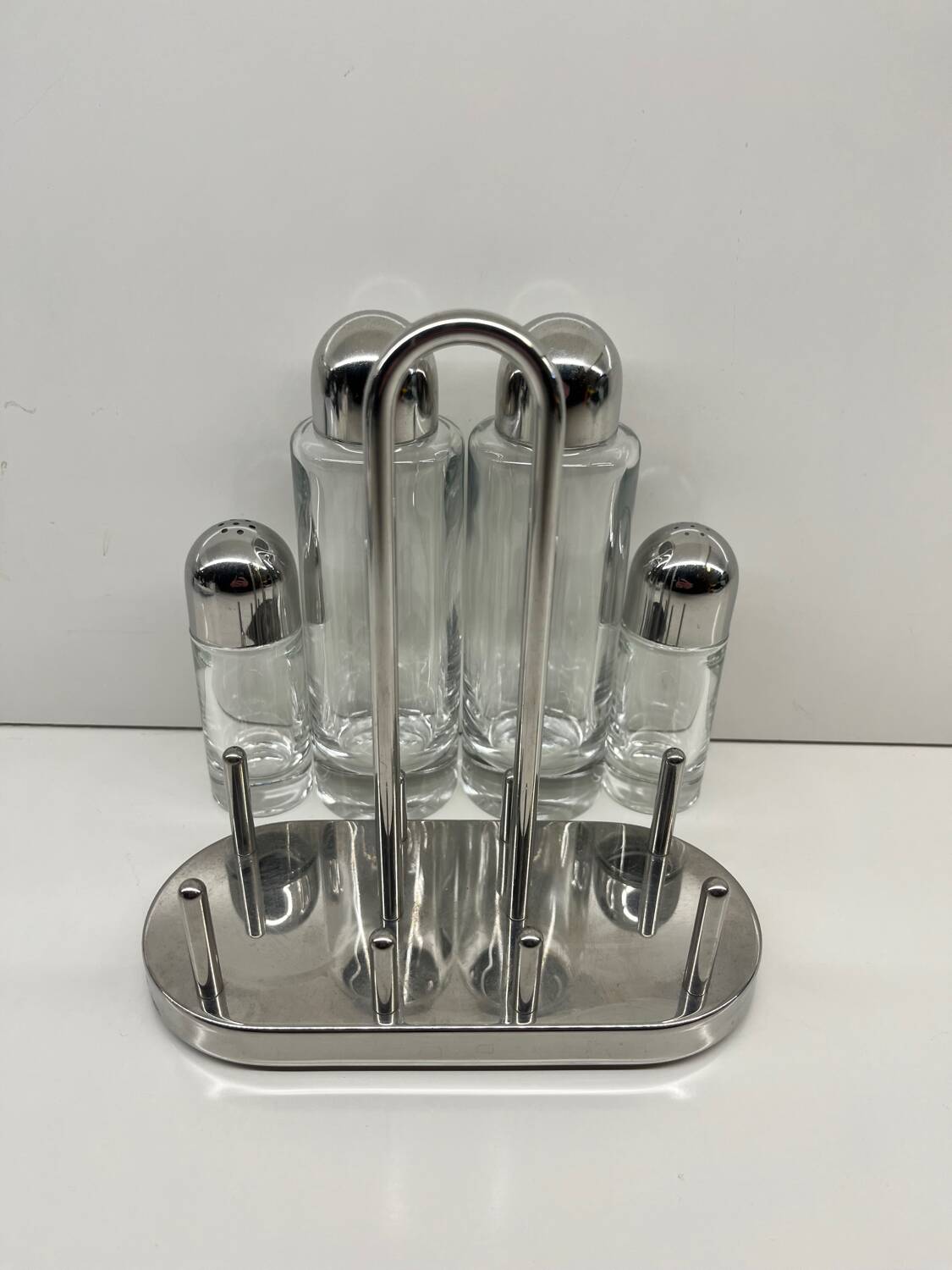 Alessi – 5070 – Ettore Sottsass – Condiment set – Stainless steel & glass