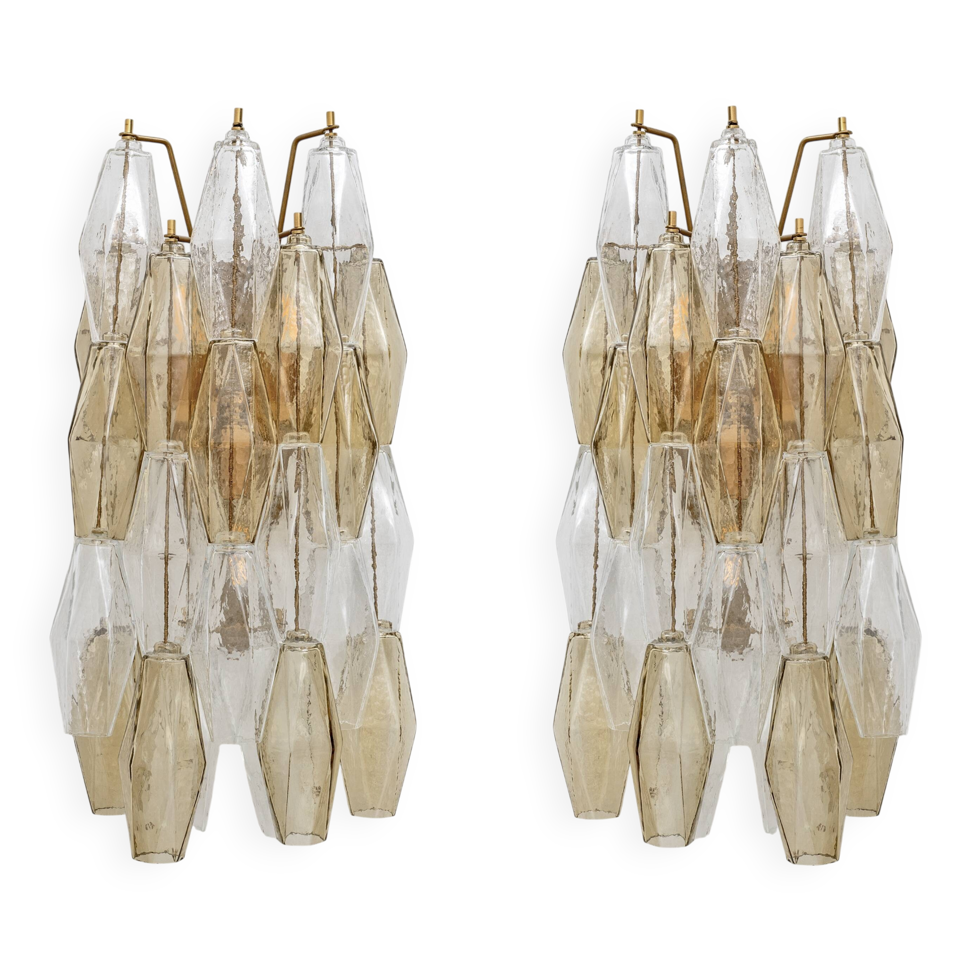Pair of Mid-Century Italian Murano Glass Poliedri Sconces Amber and Clear