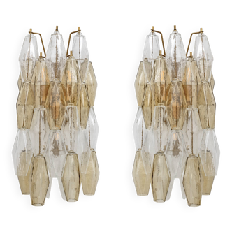 Pair of Mid-Century Italian Murano Glass Poliedri Sconces Amber and Clear