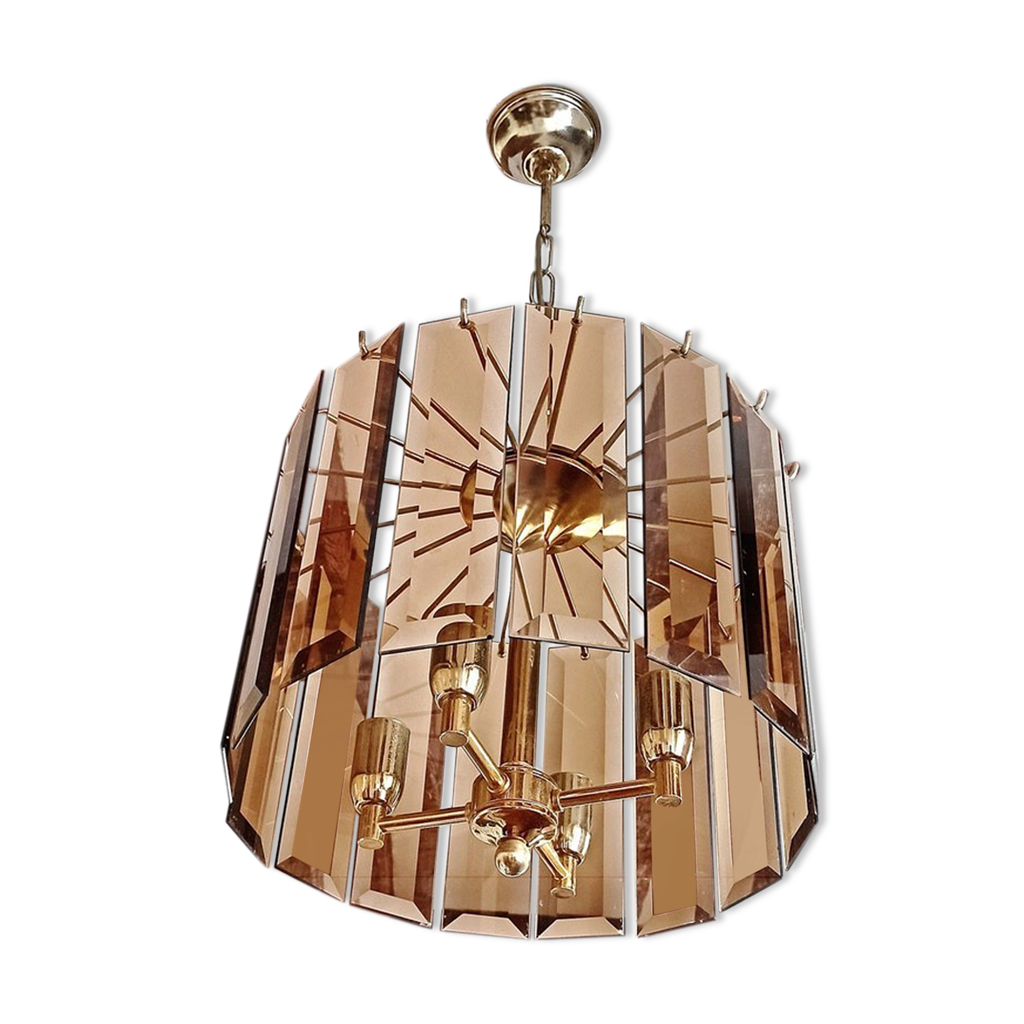 Chandelier/lustre en laiton et pampilles verre fumée des années 70 ...