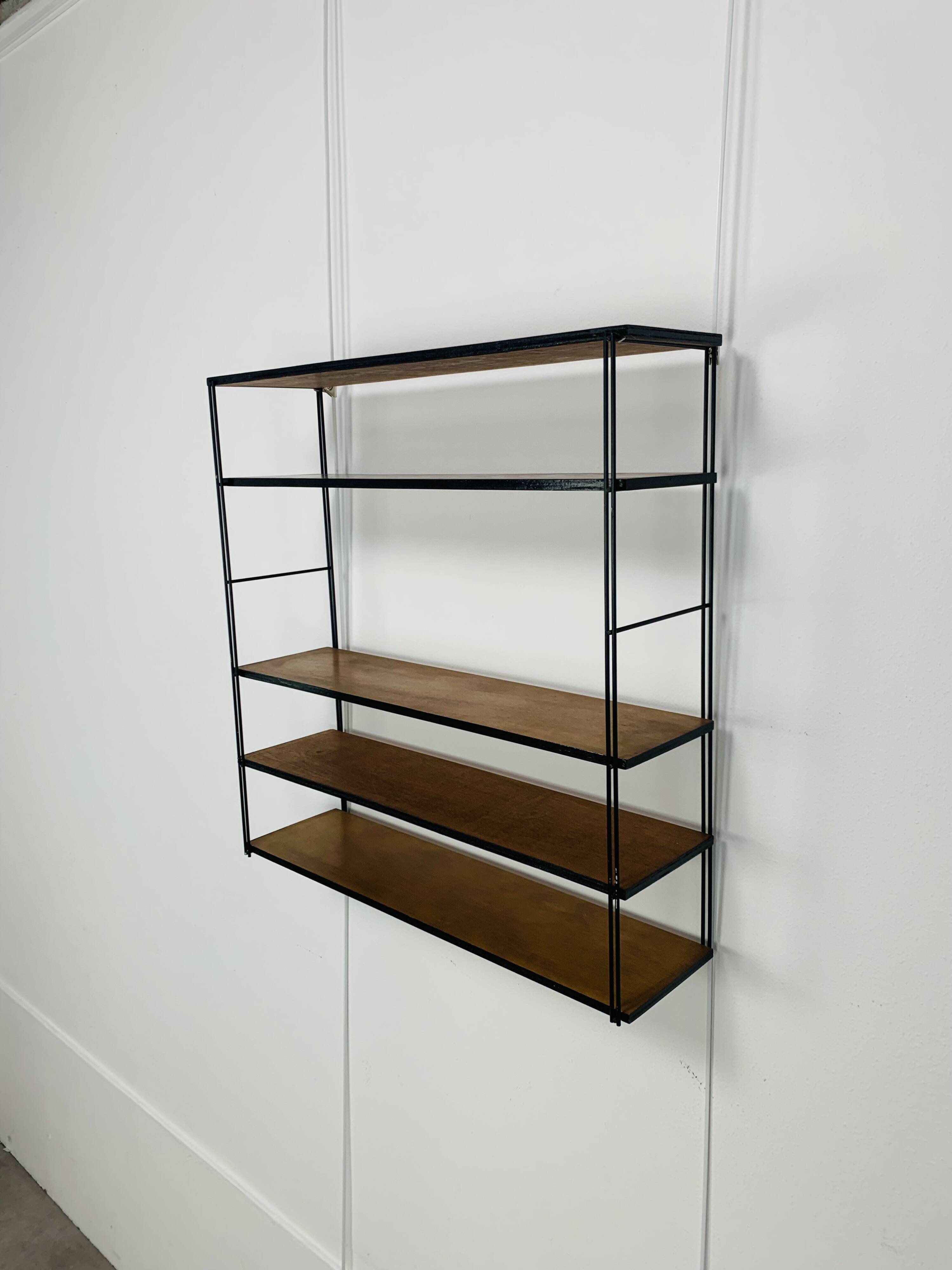 60s wall-mounted string shelf, wood and metal