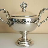 Antique trophy-shaped sugar bowl, silver-plated metal and glass verrine