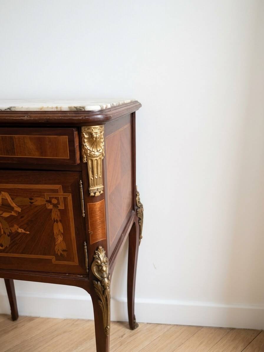 Napoleon III bedside table in marquetry wood and marble
