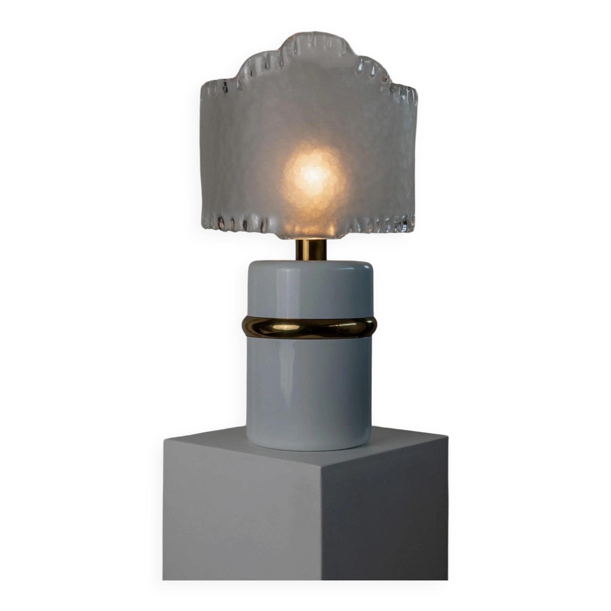 Vintage Murano glass table lamp – white, gold metal base, frosted glass shade – Italy 1980s