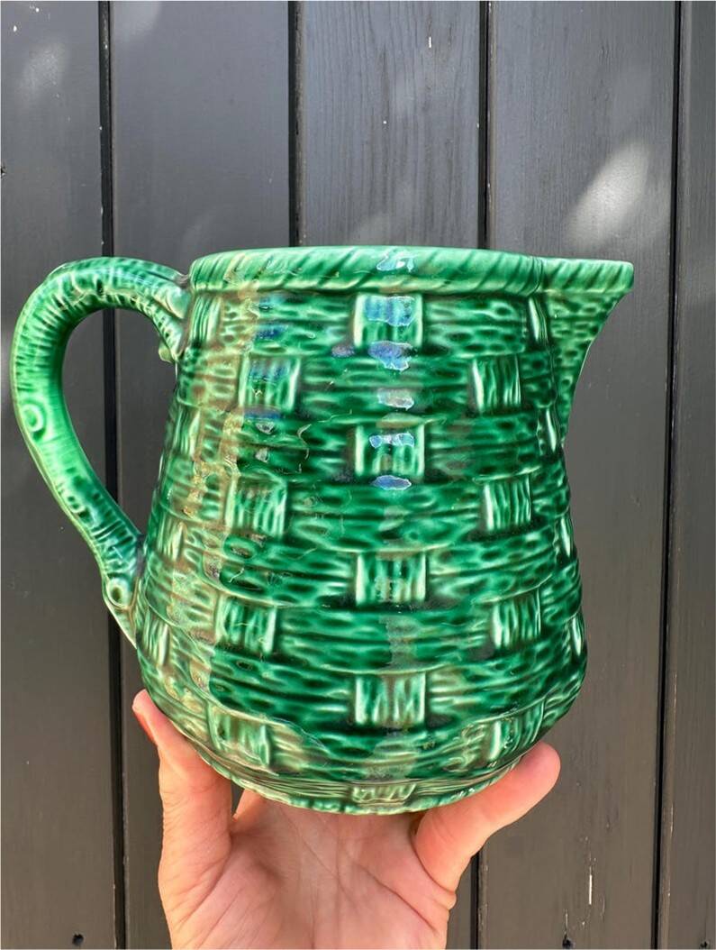 Vintage Pitcher Digoin & Sarreguemines France – Glazed Green Ceramic