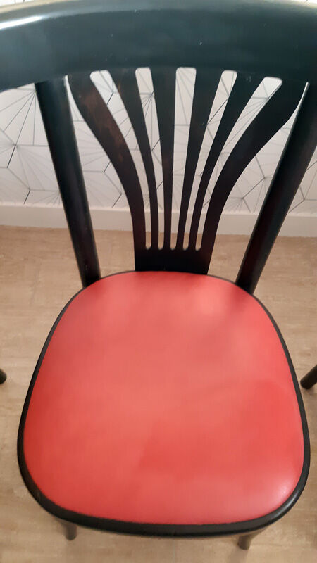 Set of 4 vintage bistro chairs in wenge beech and imitation red leather