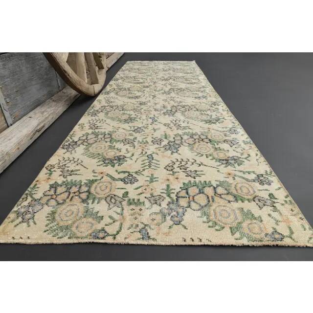 1970s Vintage Turkish Hand-Knotted Wool Cotton Tan Runner Rug 93x287