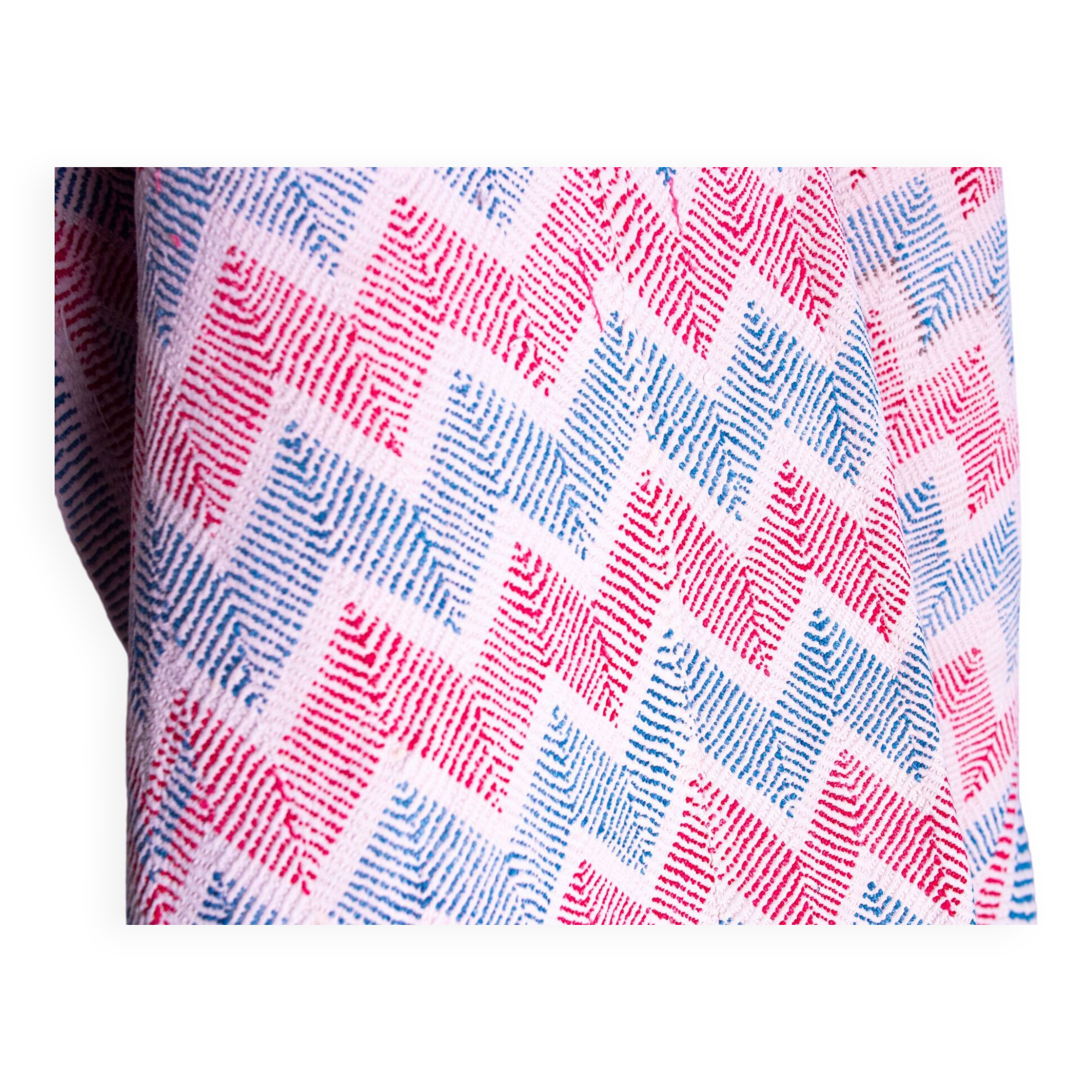 Vintage kantha "Bengal Chevron" bleu et rouge