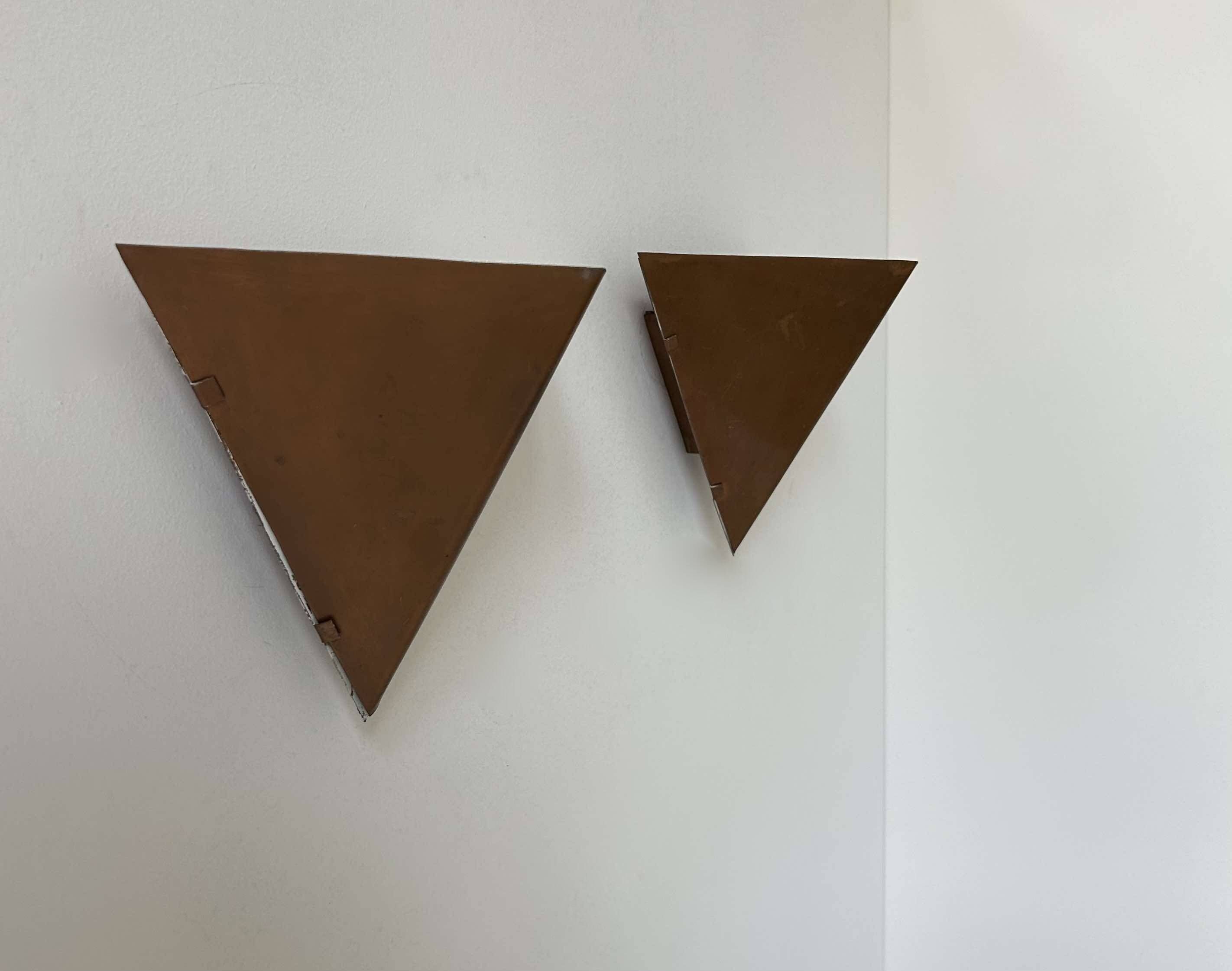 Pair of vintage geometric wall lights, patinated copper, France 1960