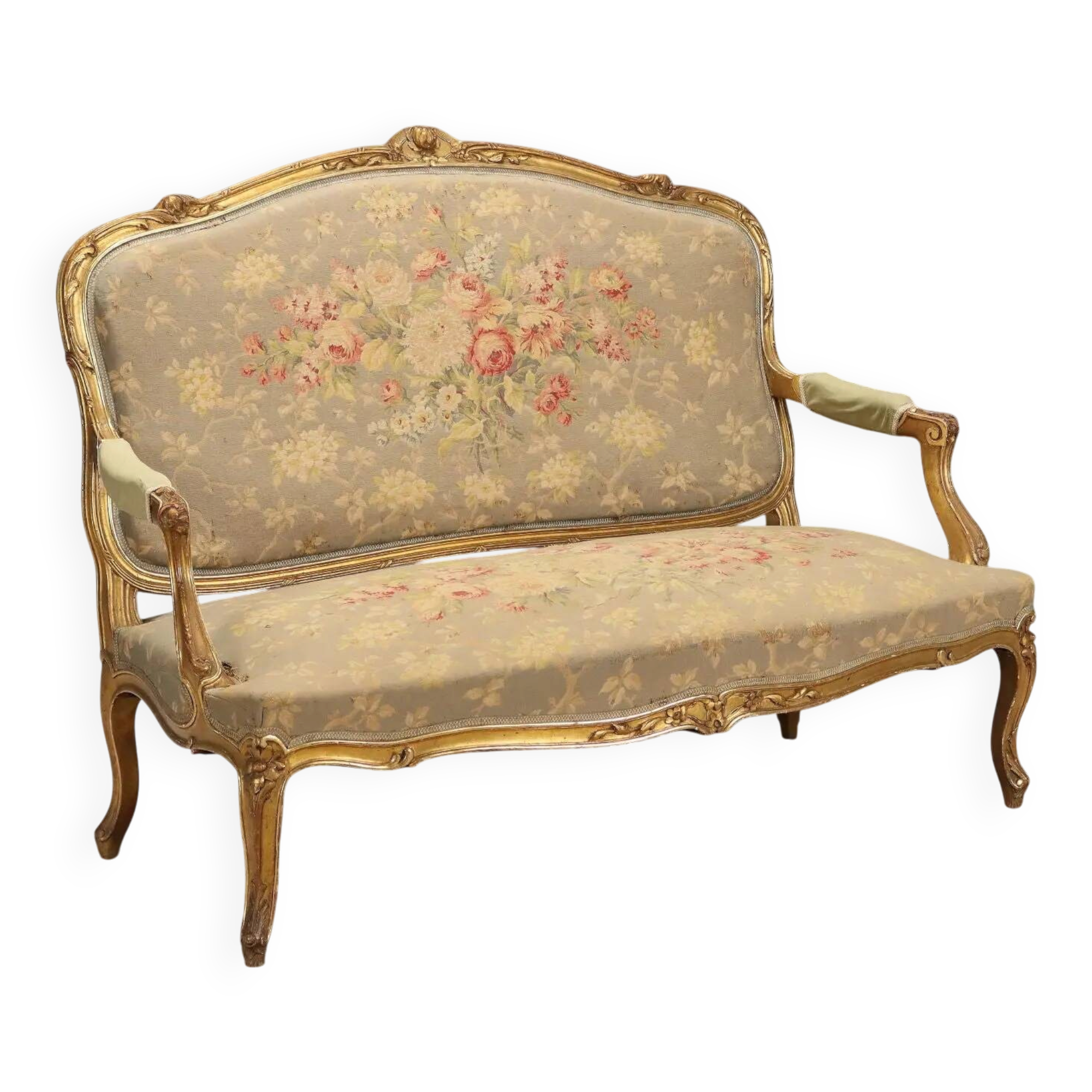 Canapé ancien style baroque, décorations en bois doré, XIXe siècle