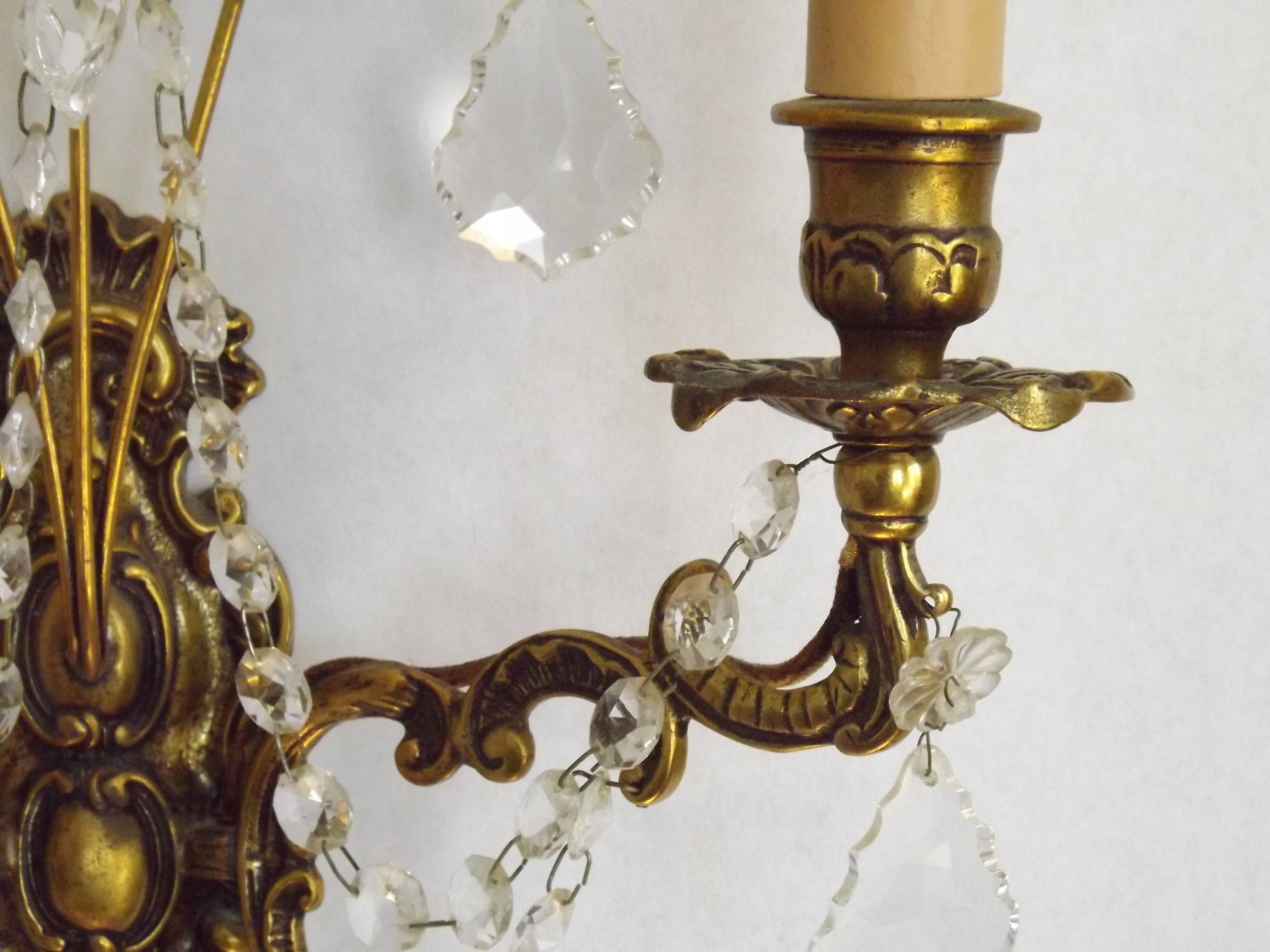 Pair of French Baroque Double Bronze Crystal Wall Lights Glass Bead Swags