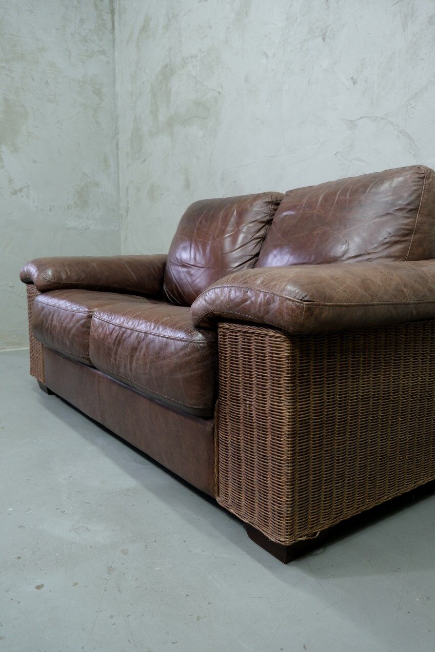 Italian Rattan and Leather Sofa, 1970s