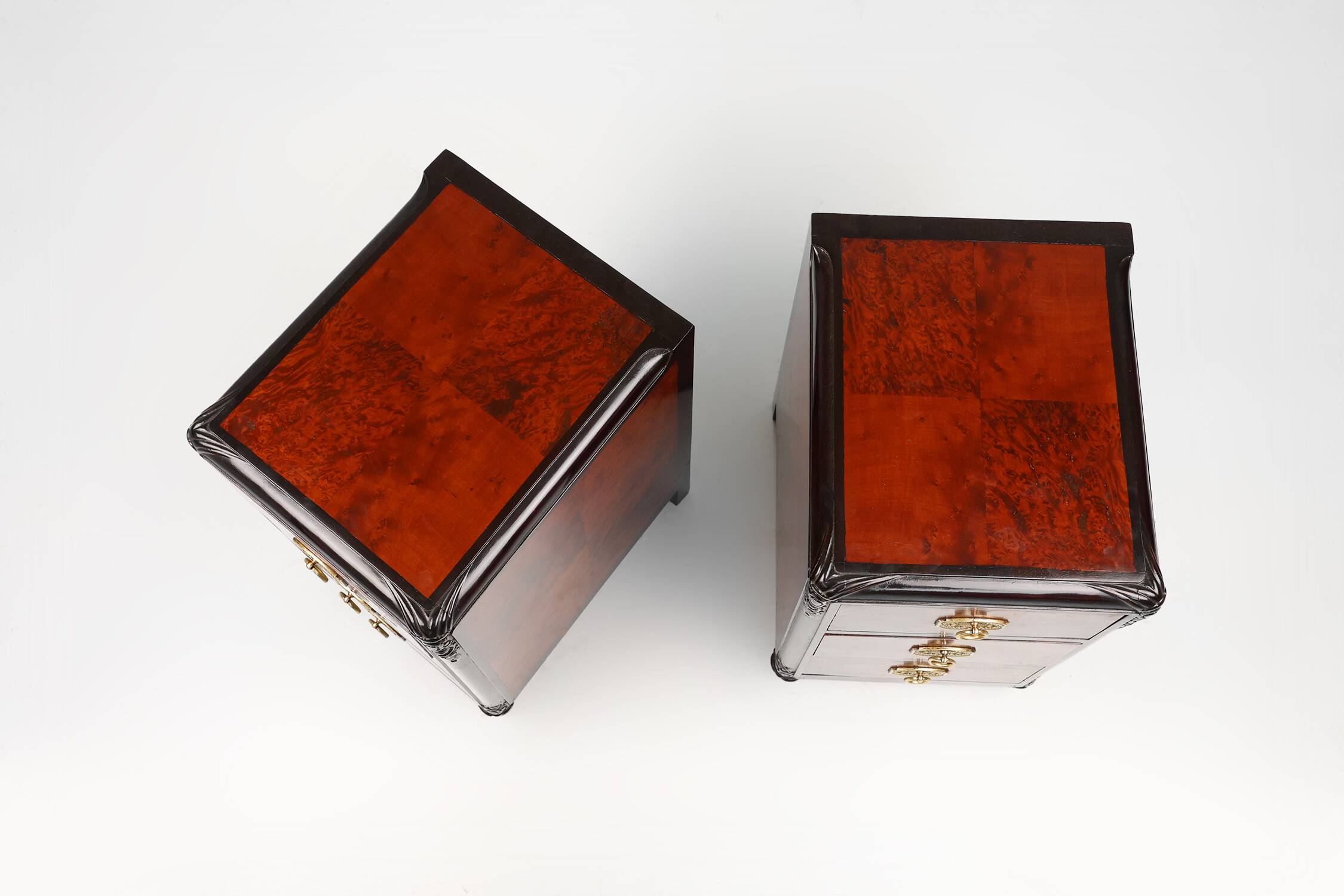 Pair of Art Deco nightstands in burl veneer, oak and copper, France ca. 1910