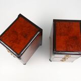 Pair of Art Deco nightstands in burl veneer, oak and copper, France ca. 1910