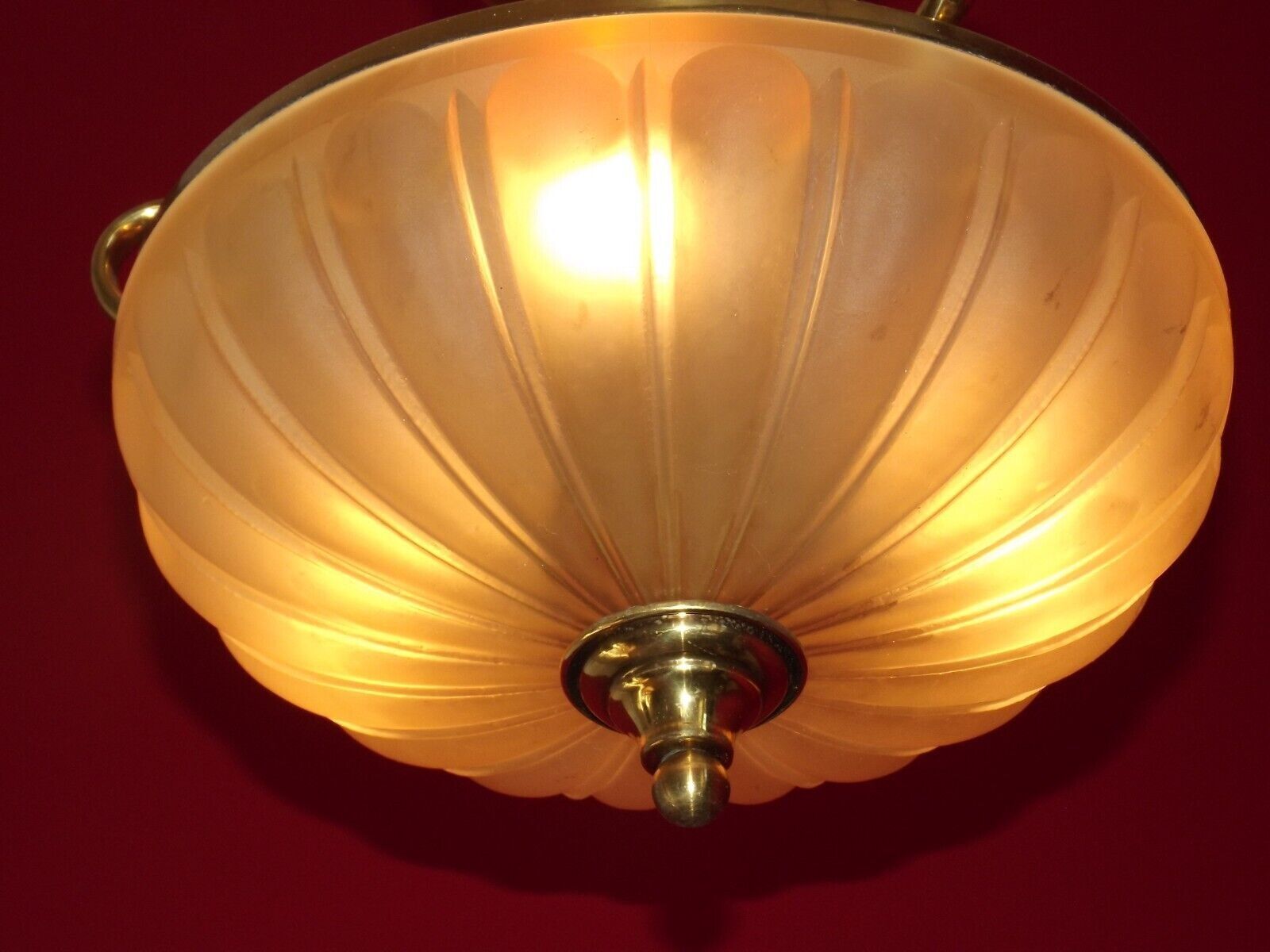 French mid century 3 bulb brass semi flush ceiling light opaque glass shade