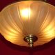 French mid century 3 bulb brass semi flush ceiling light opaque glass shade