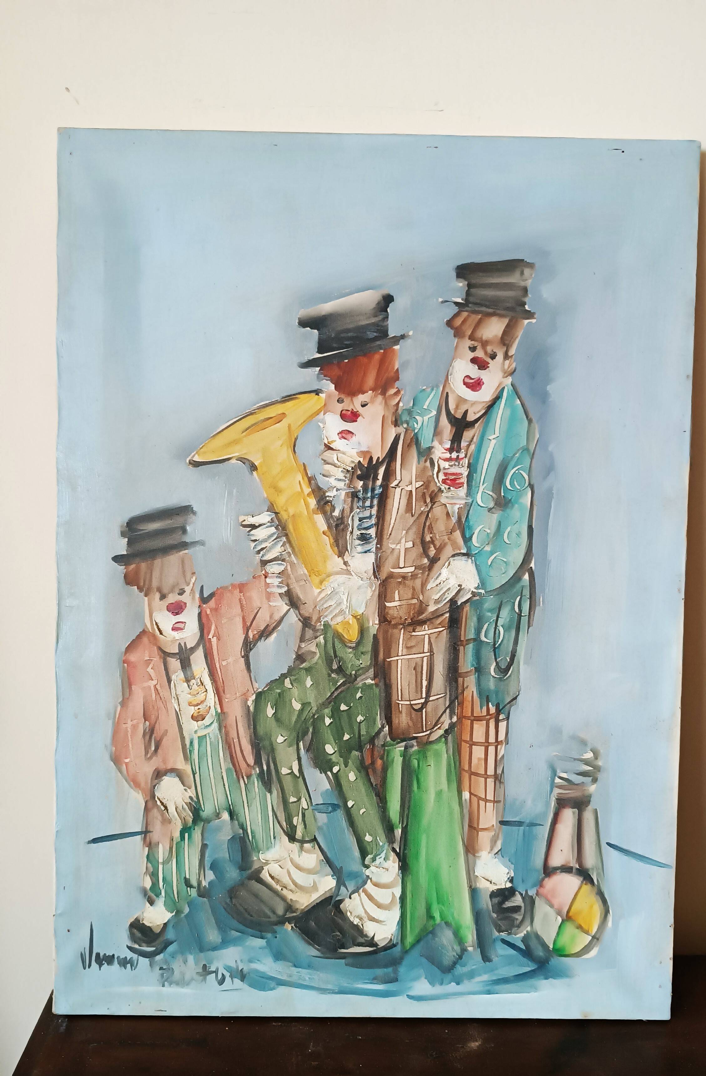 Peinture à l'huile sur toile nando da pistoia, clowns des années 60