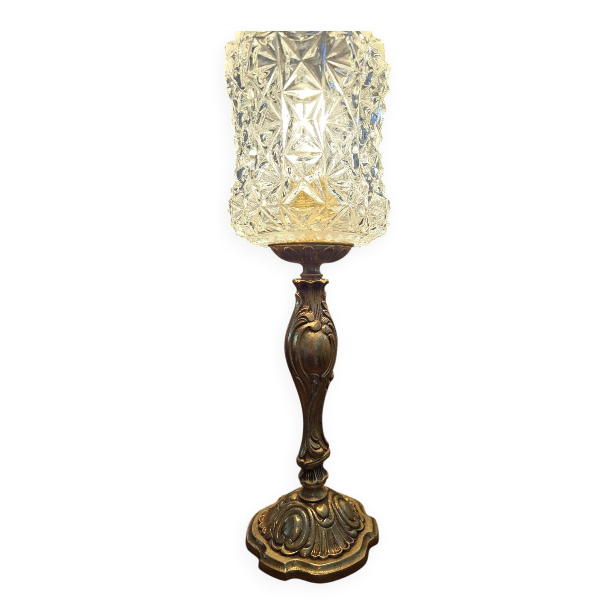 Vintage table lamp with a bronze base and moulded glass globe.