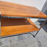 Table / Serving trolley on wheels in chrome and walnut veneered wood