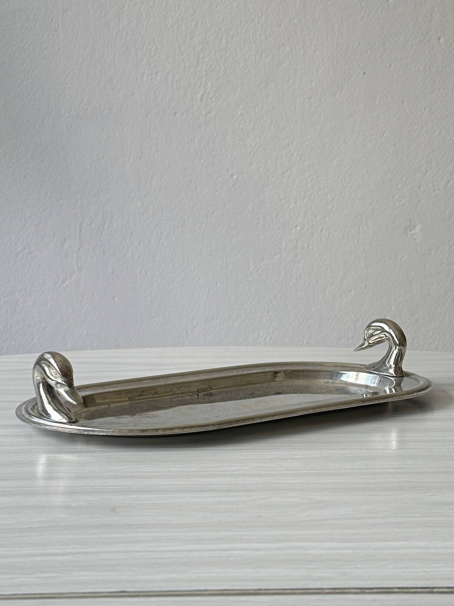 Vintage stainless steel dish with goose head handles serving tray