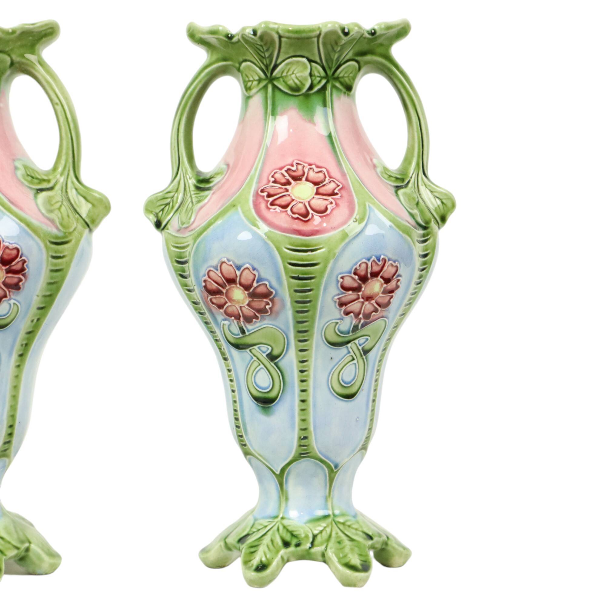 French Art Nouveau Majolica Earthenware Vases ca. 1900