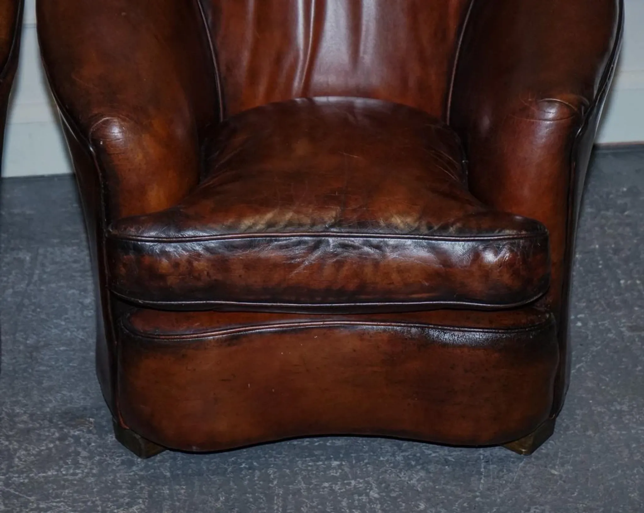 Art Deco Hand-Dyed Whisky Brown Sofa, Armchairs and Ottomans, 1920s, Set of 5