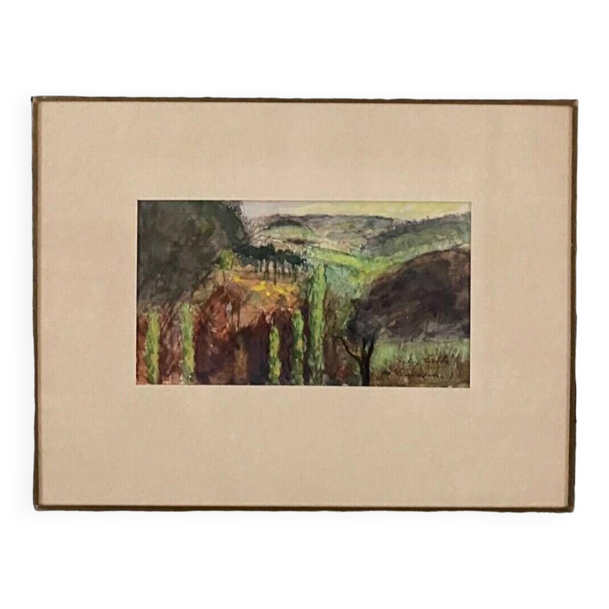 Aquarelle par Félix Labbé XXe représentant une falaise à Aubazine