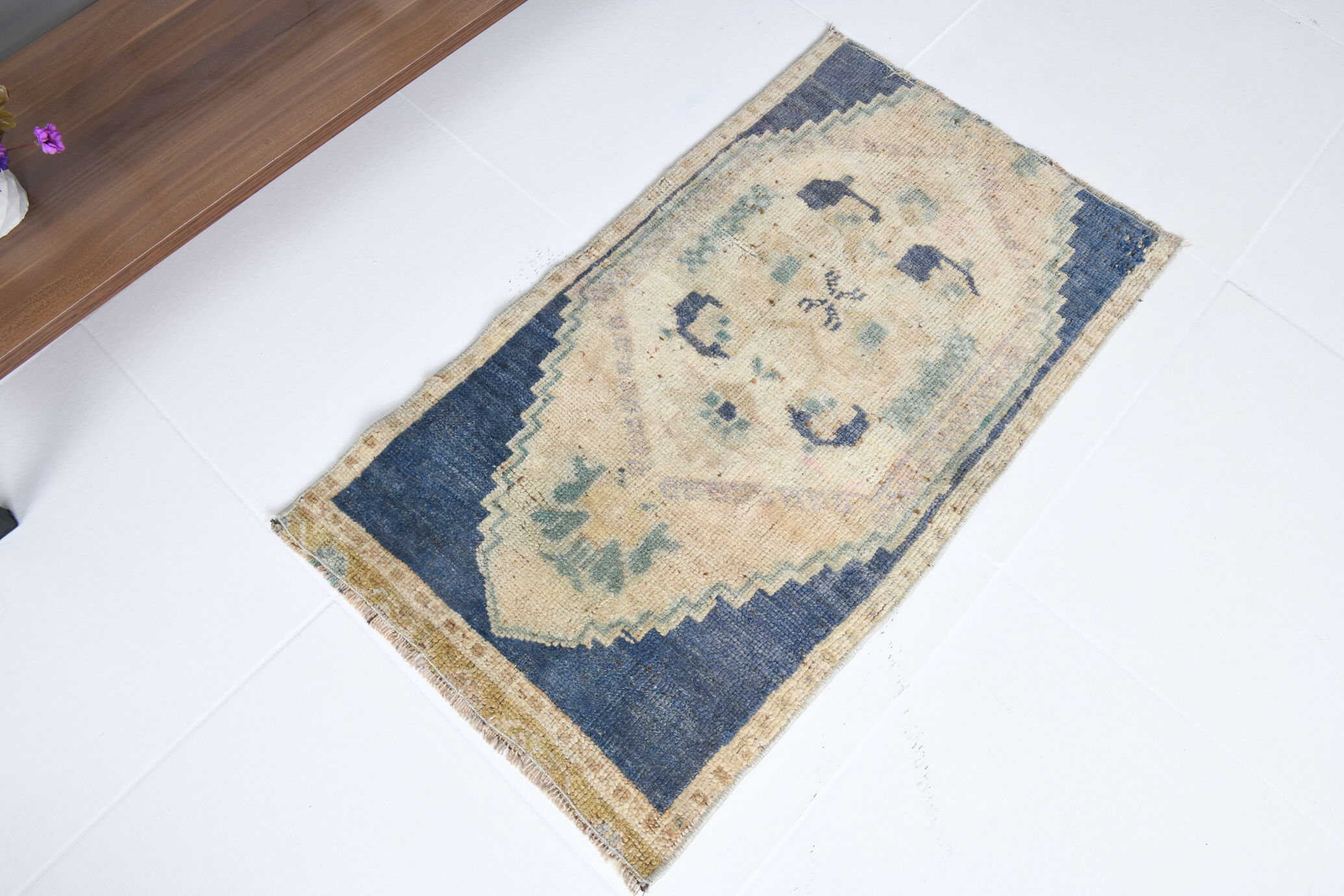 1X2 Blue vintage door mat rug, 1x2 Blue door mat rug, 2.7x1.5 Ft