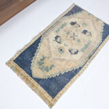 1X2 Blue vintage door mat rug, 1x2 Blue door mat rug, 2.7x1.5 Ft