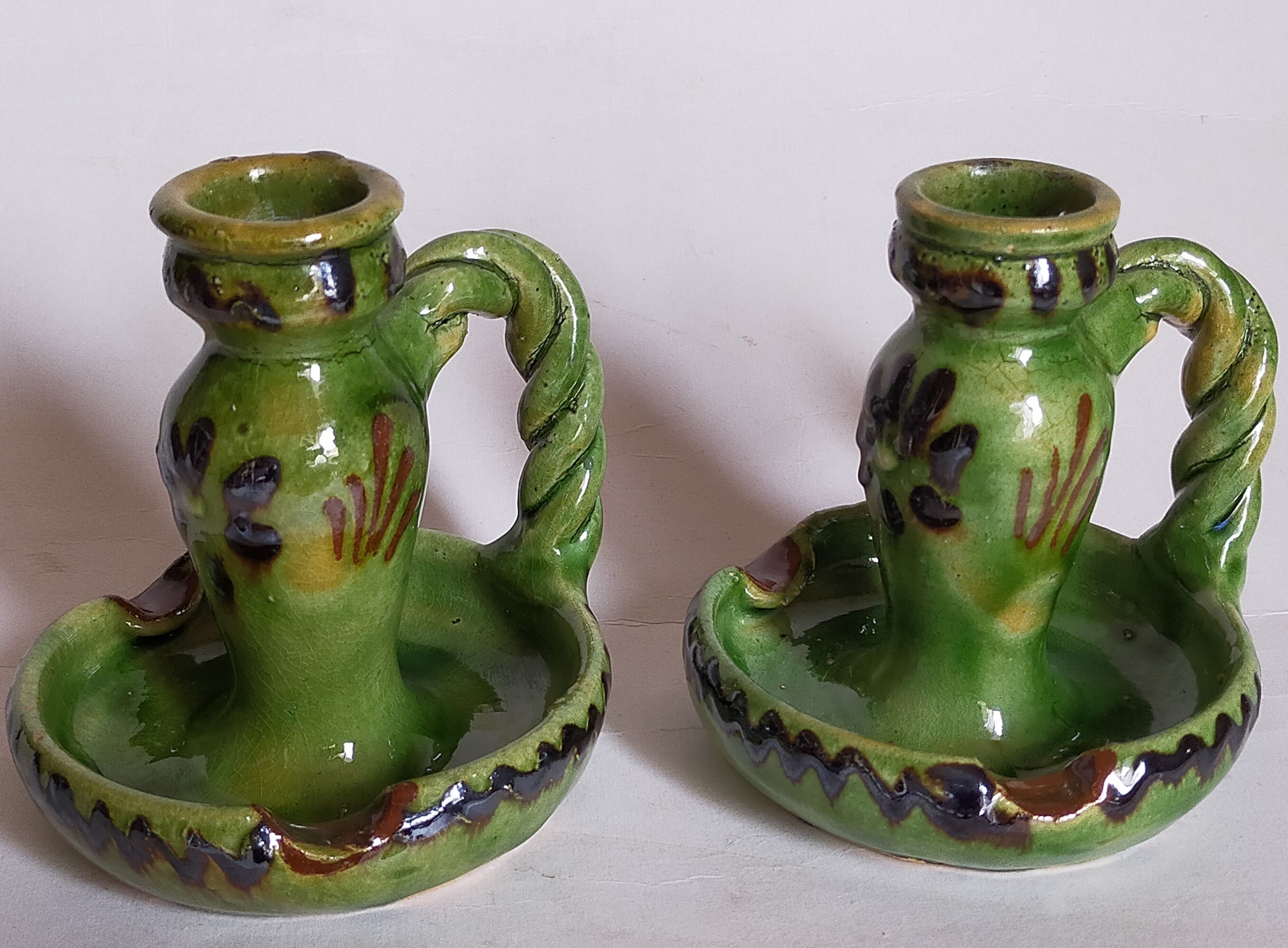Duo of vintage potter's ceramic candle holders Regional Folk Art
