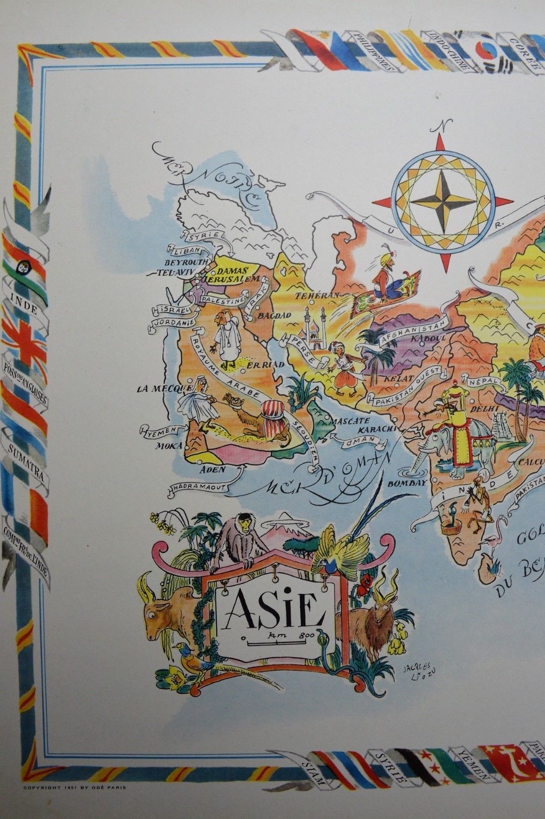 Illustrated map of Asia of Jacques Liozu world map