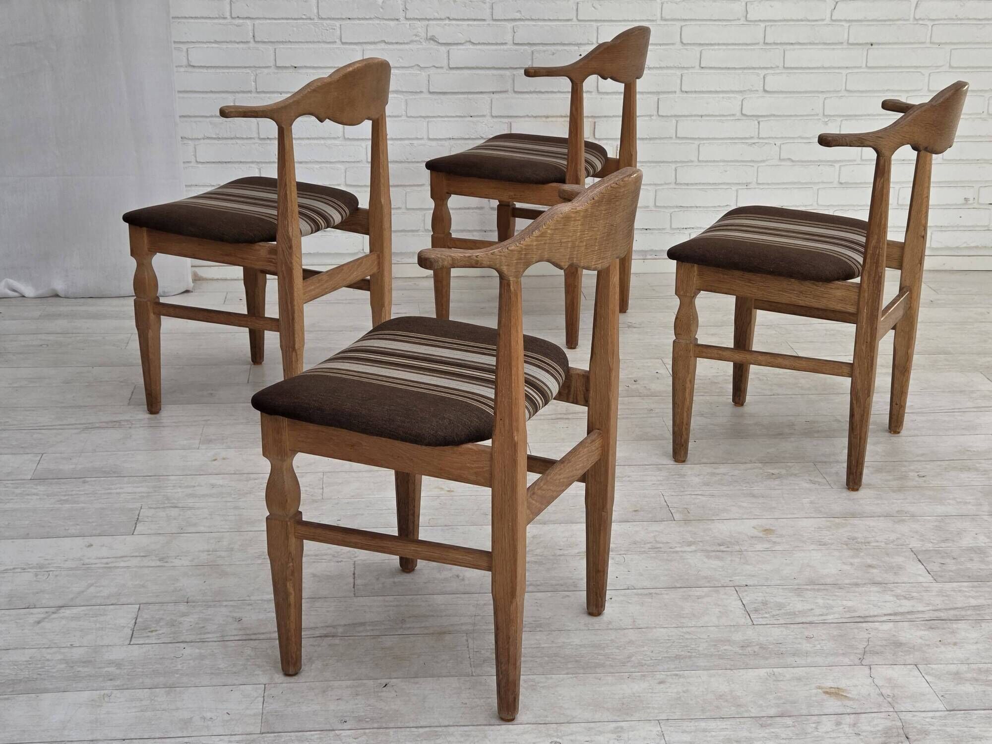 1960s, Danish design by Henning Kjærnulf, et of 4 chairs, wool, oak wood.