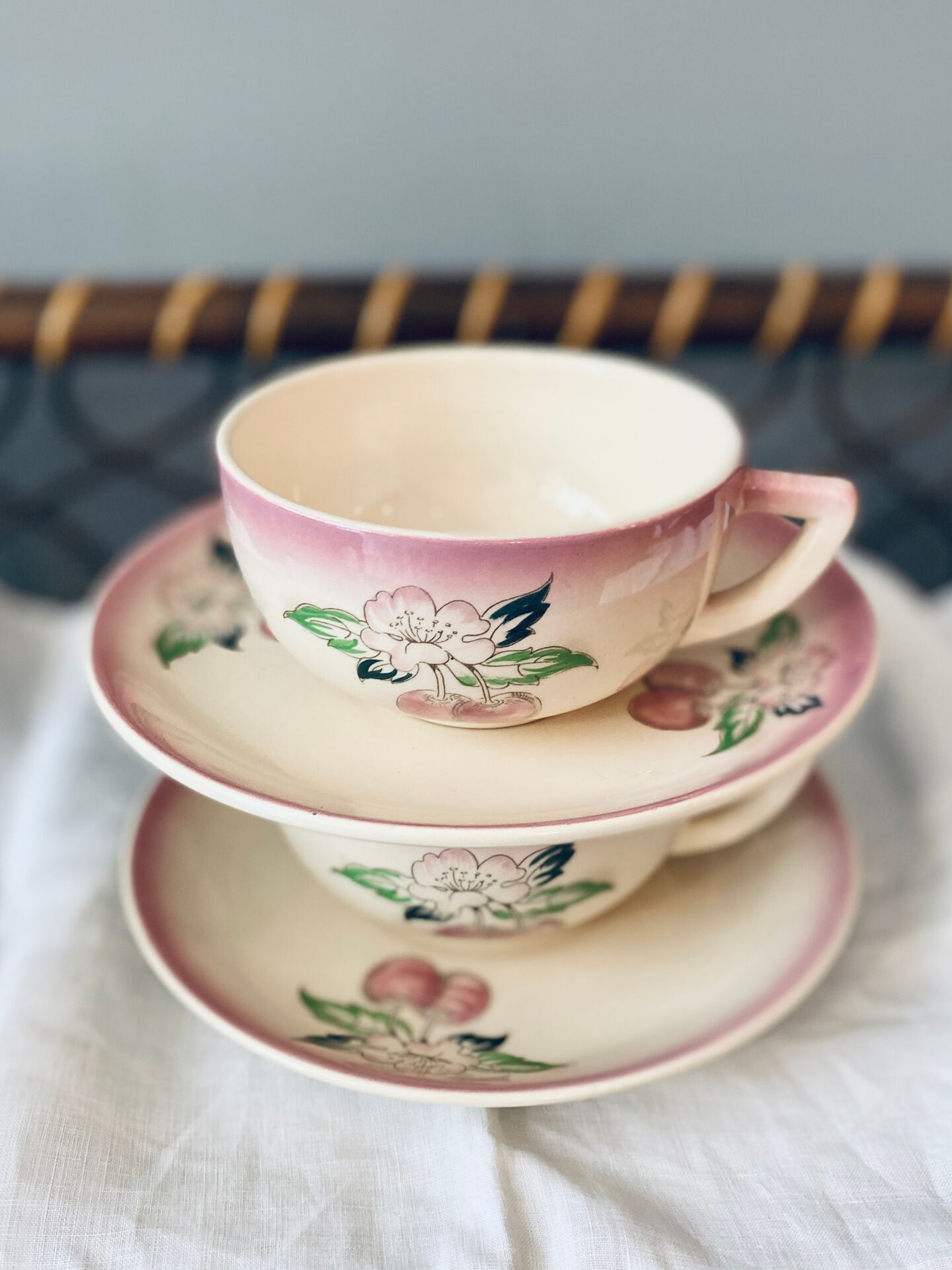 Two breakfast cups Longwy cherry design