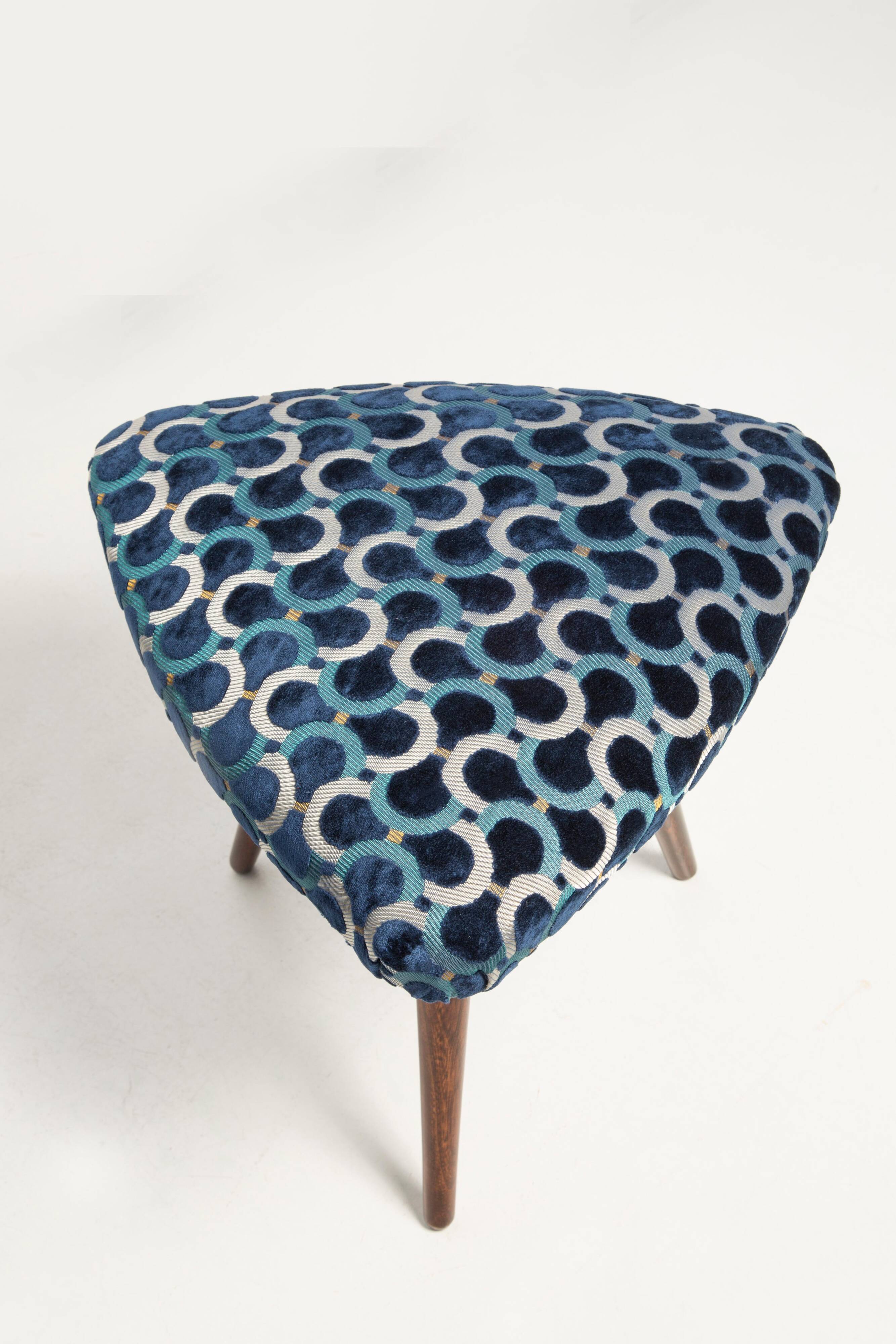 Triangular stool Dedar in blue velvet Scarabeo Mid Century, Europe, 1960s