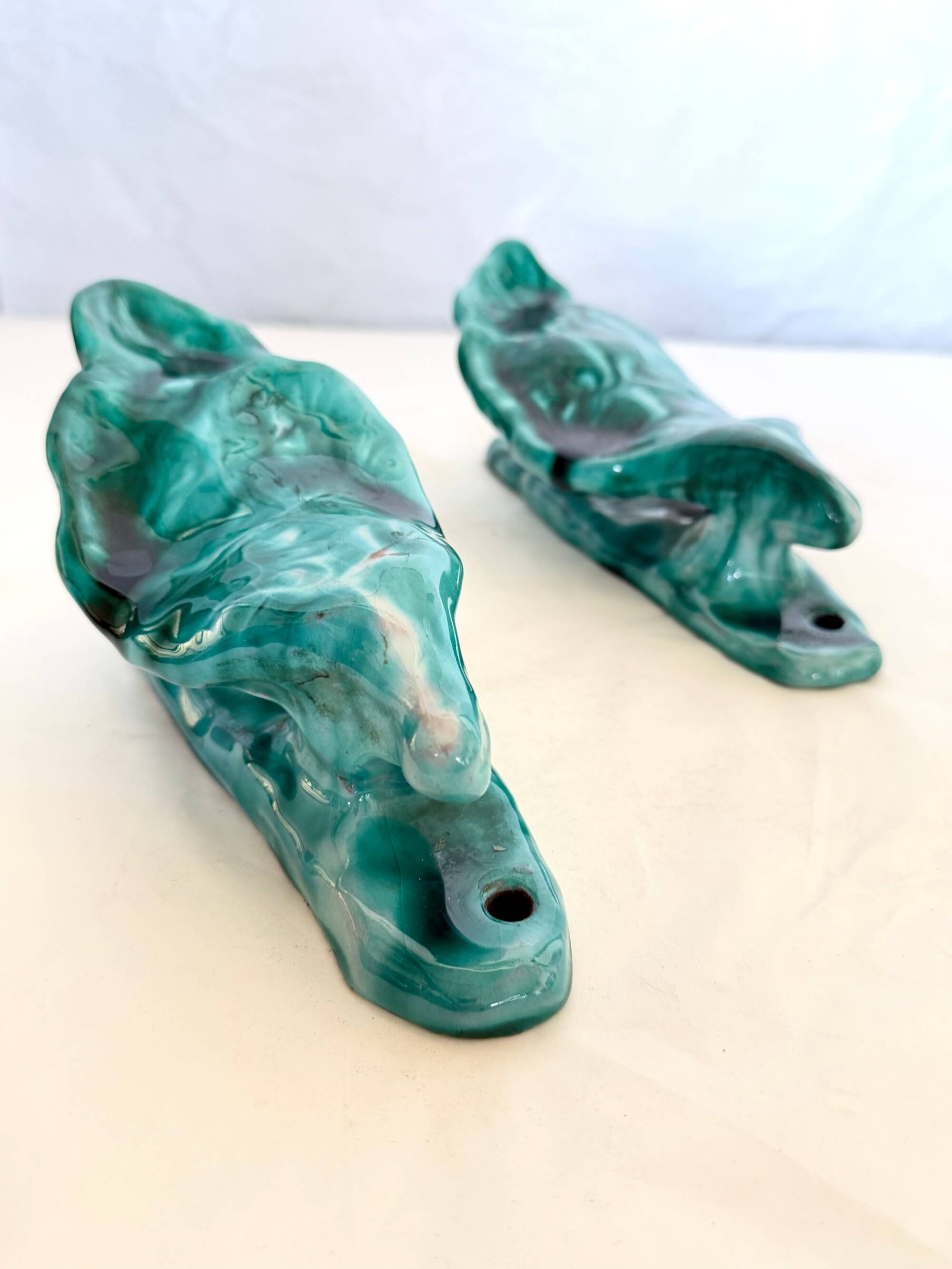 xPair of Handcrafted Teal Enameled Door Handles by Gabbianelli, Albisola, I