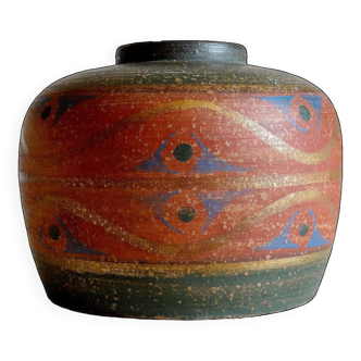 Gros vase terre cuite peinte boho/ethnique vintage