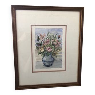 Peinture aquarelle originale monfranc bouquet de fleurs + cadre bois doré  #a222