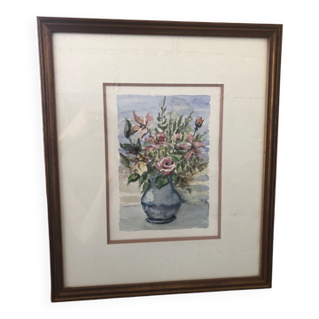 Original watercolor painting monfranc bouquet of flowers + gilded wood frame #a222