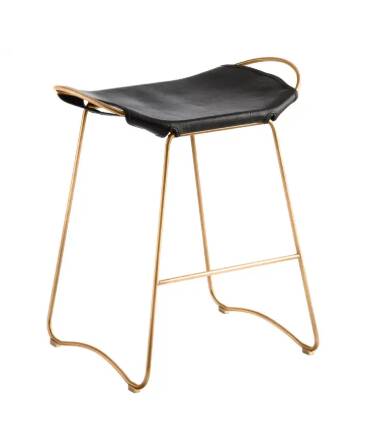 Contemporary kitchen bar stool in aged brass metal and tan leather.