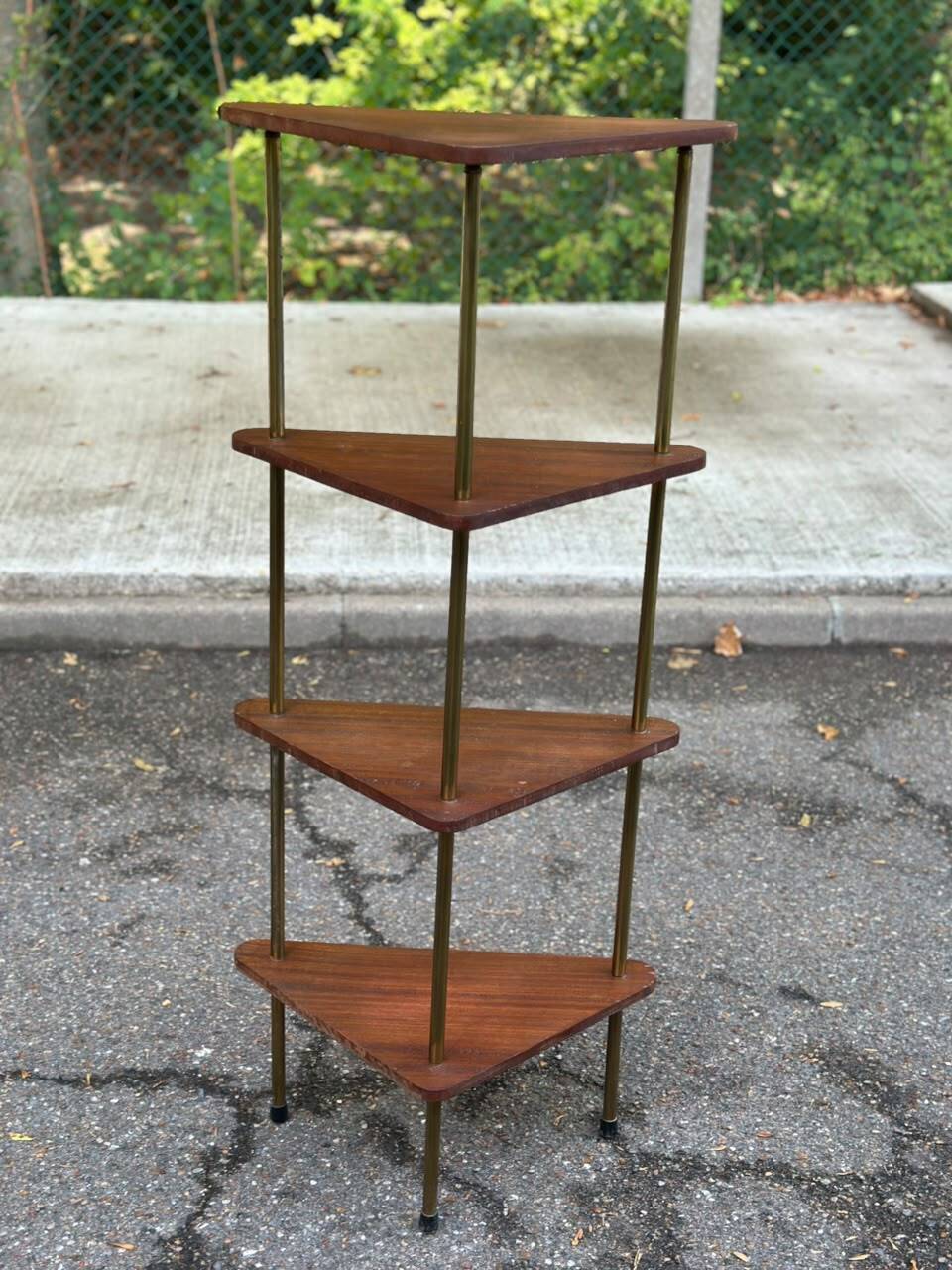 Mid-Century 4-Tier Corner Shelf in Solid Teak/Mahogany Brass 1960