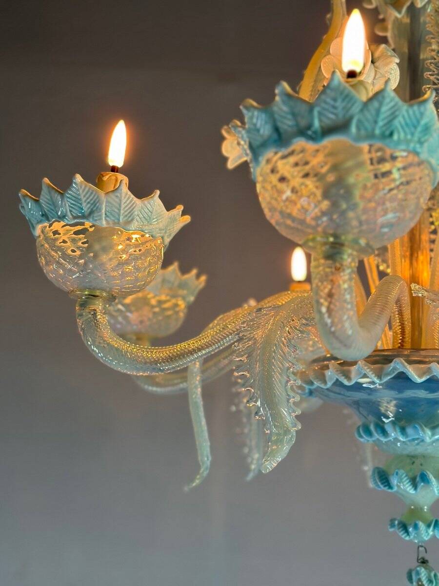 Venetian Chandelier In Murano Glass Two Tones Of Blue, Circa 1940, 8 Arms Of Light