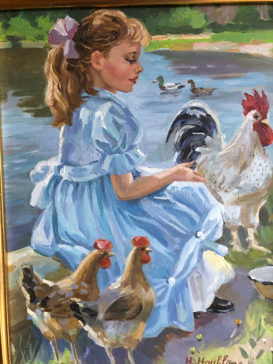 Oil on canvas young girl with chickens