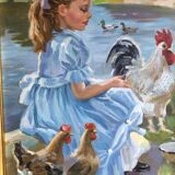 Oil on canvas young girl with chickens