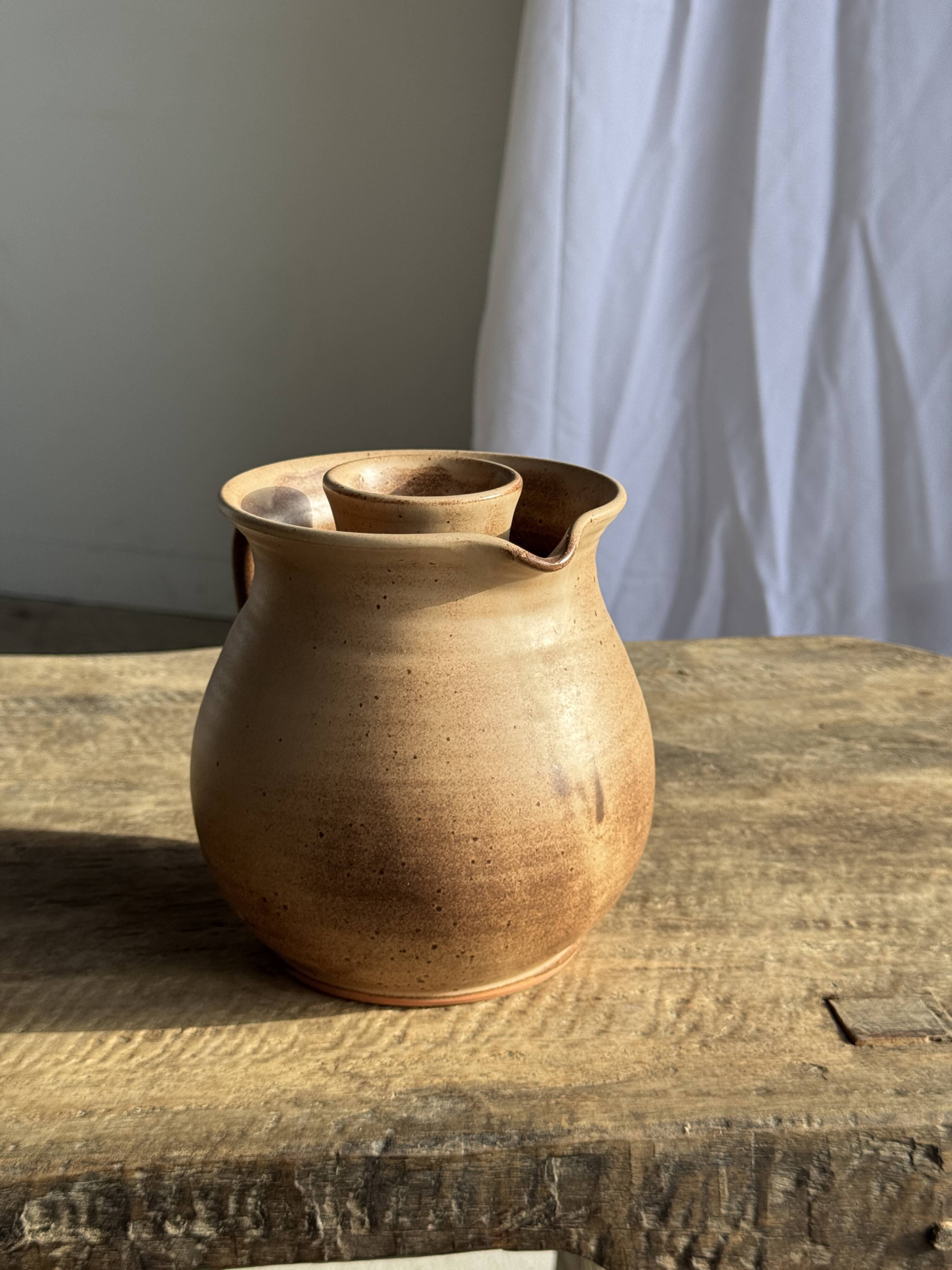 Vintage brutalist stoneware pink wine cooler pitcher H19