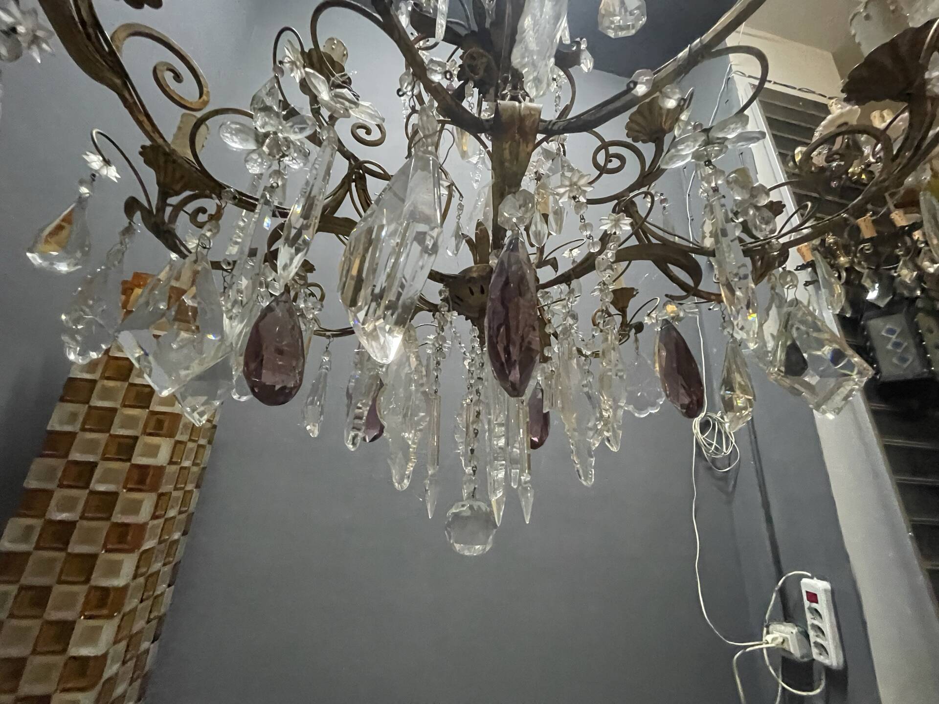 Large Florentine Tole Chandelier with Murano Glass Flowers, Italy, 195